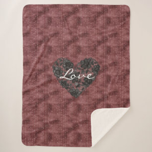 Burgundy Stripes Black Faux Lace Floral Heart  Sherpa Blanket