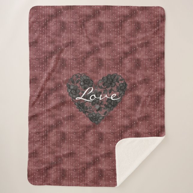 Burgundy Stripes Black Faux Lace Floral Heart  Sherpa Blanket (Front)