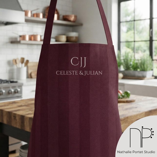 Burgundy Stripes Monogram Wedding Apron (Burgundy Stripes Monogram Wedding Apron features custom names and monogram details)
