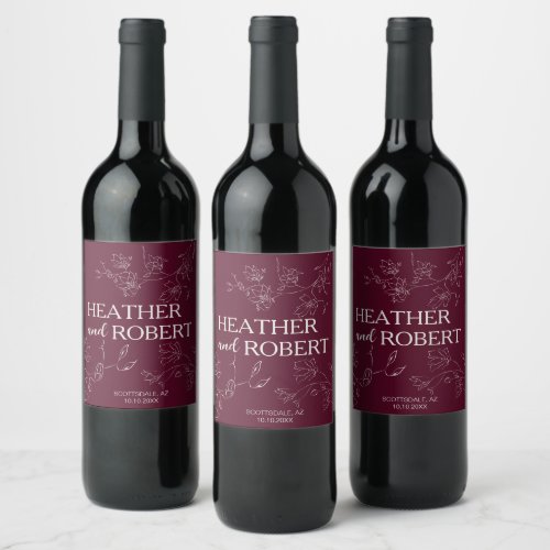 Burgundy Stylish Boho Floral Botanical Wedding Wine Label