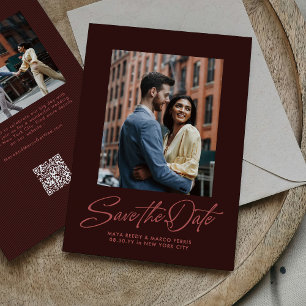 Burgundy stylish script two photo wedding save the date