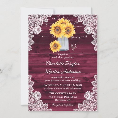 Burgundy Sunflower Babys Breath Mason Jar Wedding Invitation