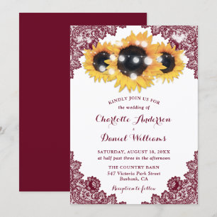 Burgundy Sunflower Floral Lace Wedding Invitation
