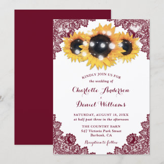 Burgundy Sunflower Floral Lace Wedding Invitation