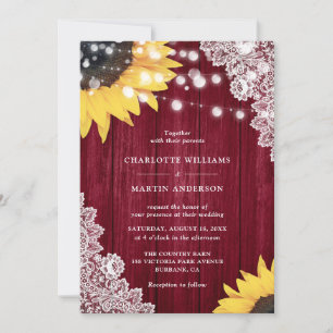 Burgundy Sunflower Floral Lace Wood Wedding Invitation