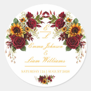 Burgundy Sunflower Floral Wedding Envelope Classic Round Sticker