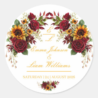 Burgundy Sunflower Floral Wedding Envelope Classic Round Sticker