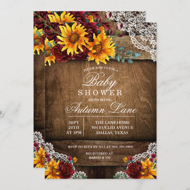 Burgundy Sunflower Lace Baby Shower Invitation (Front/Back)
