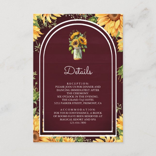 Burgundy Sunflower Mason Jar Arch Wedding Details Enclosure Card (Front)