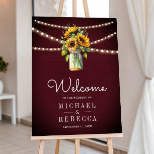 Burgundy Sunflower Mason Jar Wedding Welcome Sign