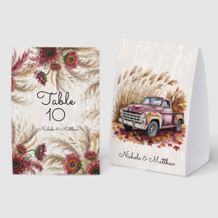 Burgundy Sunflower Pampas Grass Table Number Tent Paper Table Tent