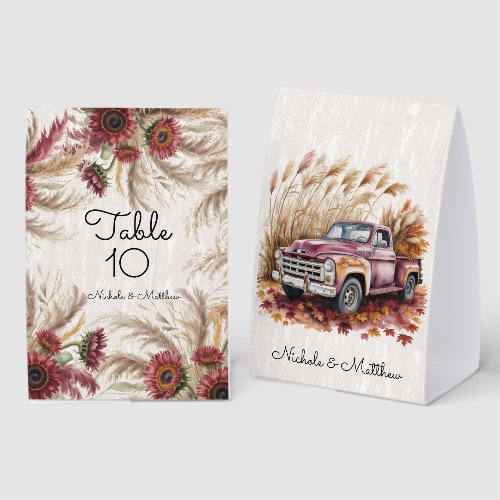 Burgundy Sunflower Pampas Grass Table Number Tent Paper Table Tent