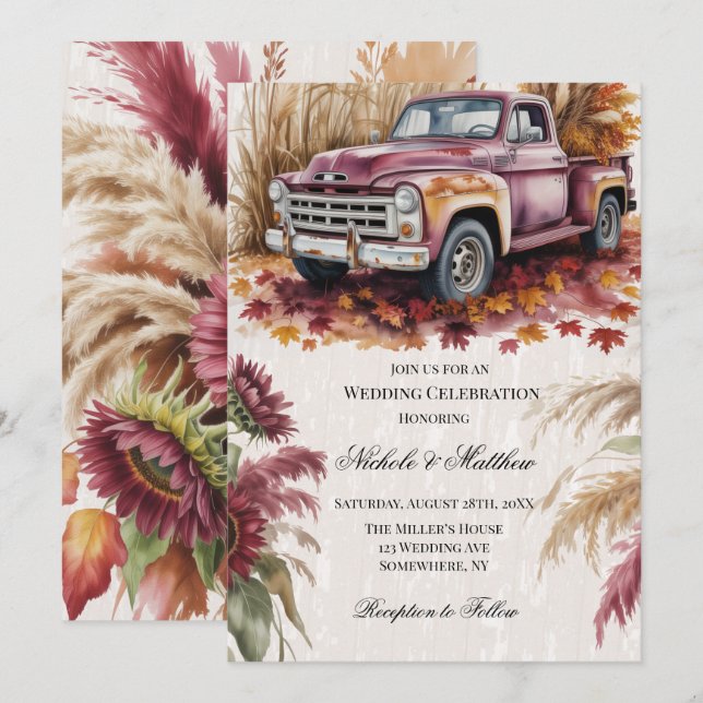 Burgundy Sunflower Pampas Grass Wedding Ceremony Invitation (Front/Back)