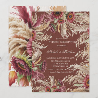 Burgundy Sunflower & Pampas Grass Wedding Invitation