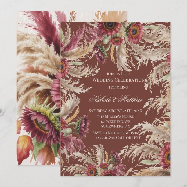 Burgundy Sunflower & Pampas Grass Wedding Invitation (Front/Back)