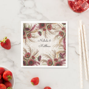 Burgundy Sunflower & Pampas Grass Wedding Napkins