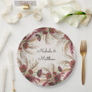 Burgundy Sunflower & Pampas Grass Wedding Paper Plates