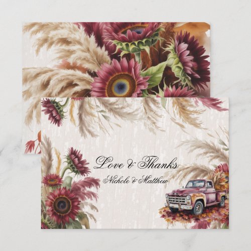 Burgundy Sunflower & Pampas Grass Wedding Thank You Card