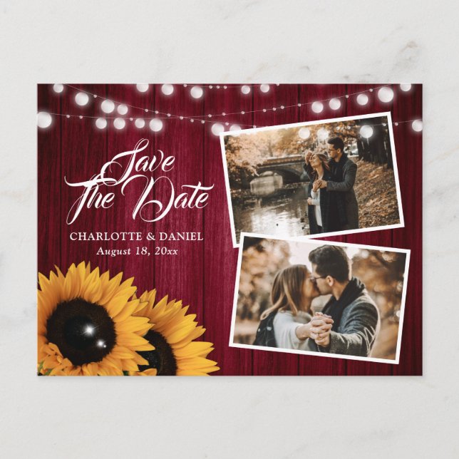 Burgundy Sunflower Photo Wedding Save The Date Announcement Postcard (Front)