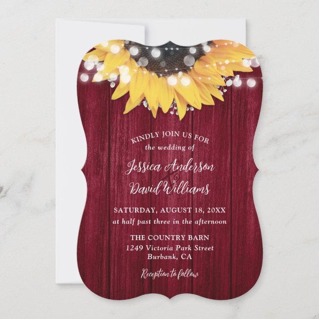 Burgundy Sunflower Rustic Barn Wood Wedding Invitation (Front)