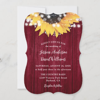 Burgundy Sunflower Rustic Barn Wood Wedding Invitation