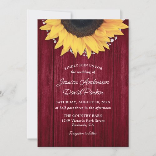 Burgundy Sunflower Rustic Barn Wood Wedding Invitation