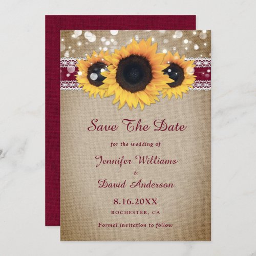 Burgundy Sunflower Rustic Burlap Lace Wedding Save The Date
