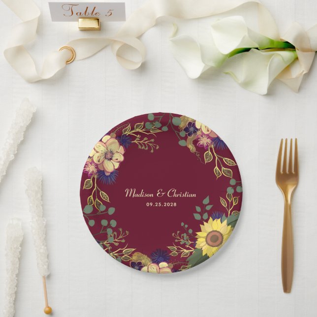 Burgundy Sunflower Rustic Wedding Paper Plates (Wedding)