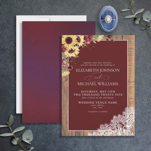 Burgundy Sunflower Rustic Wood Script Wedding Invitation