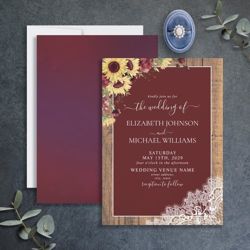 Burgundy Sunflower Rustic Wood Script Wedding Invitation