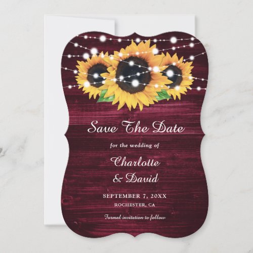 Burgundy Sunflower Rustic Wood String Lights Save The Date