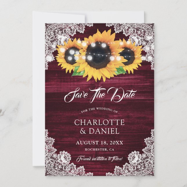 Burgundy Sunflower Save The Date Cards (Front)