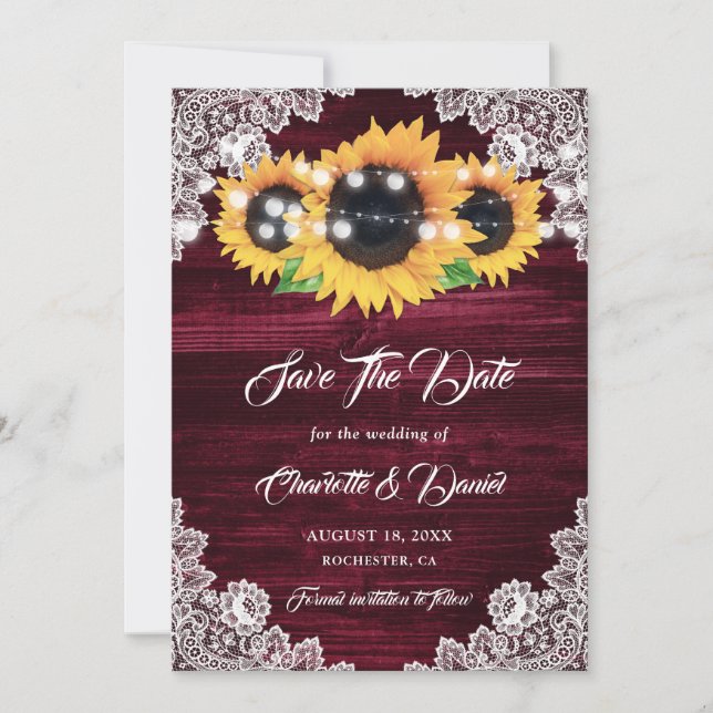 Burgundy Sunflower String Lights Floral Lace Wood Save The Date (Front)