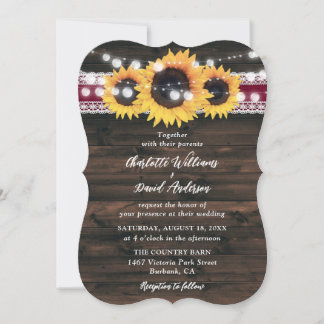 Burgundy Sunflower String Lights Lace Wood Wedding Invitation