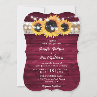 Burgundy Sunflower String Lights Wood Wedding Invitation