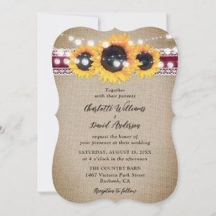 Burgundy Sunflower Vintage Burlap Lace Wedding Invitation