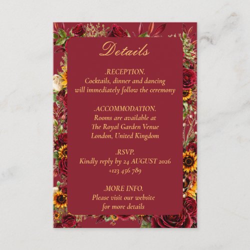 Burgundy Sunflower Wedding Details Enclosure Card