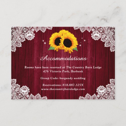 Burgundy Sunflower Wedding Hotel Accommodation Enclosure Card