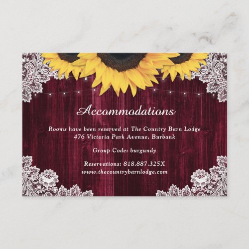 Burgundy Sunflower Wedding Hotel Accommodation Enclosure Card