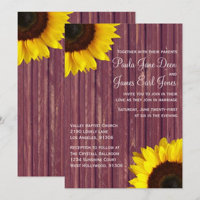 Burgundy & Sunflower Wedding Invitation (Front/Back)