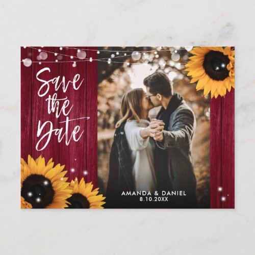 Burgundy Sunflower Wedding Photo Save The Date Announcement Postcard