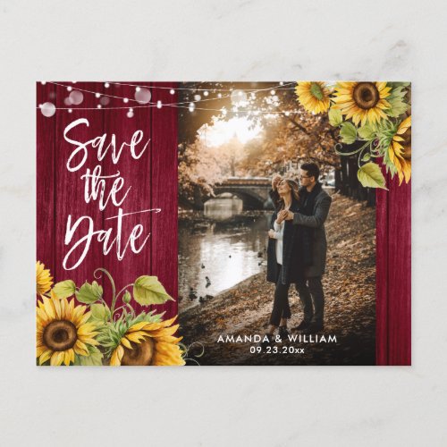 Burgundy Sunflower Wedding Photo Save The Date Announcement Postcard