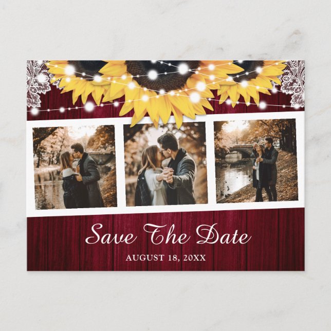 Burgundy Sunflower Wedding Photo Save The Date Announcement Postcard (Front)