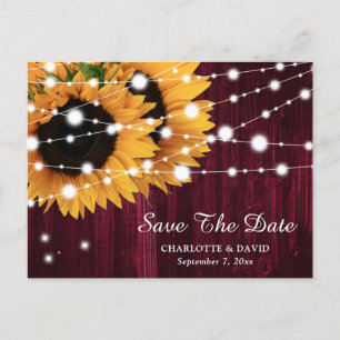 Burgundy Sunflower Wedding Save The Date Postcard