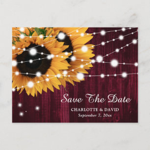 Burgundy Sunflower Wedding Save The Date Postcard