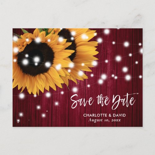 Burgundy Sunflower Wedding Save The Date Postcard