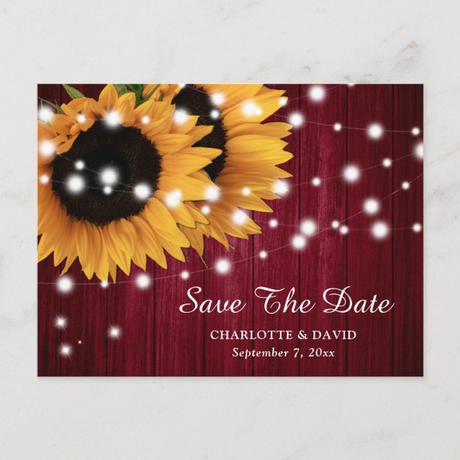 Burgundy Sunflower Wedding Save The Date Postcard (Front)