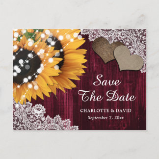 Burgundy Sunflower Wedding Save The Date Postcard