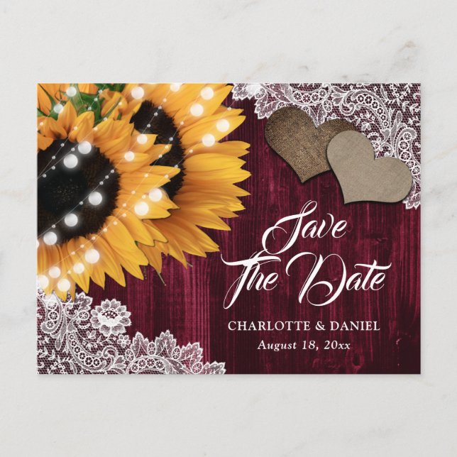 Burgundy Sunflower Wedding Save The Date Postcard (Front)