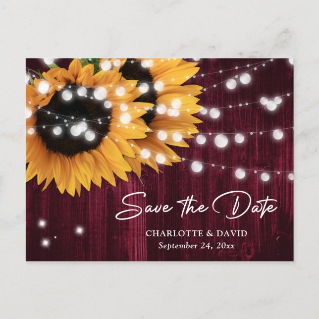 Burgundy Sunflower Wedding Save The Date Postcard (Front)